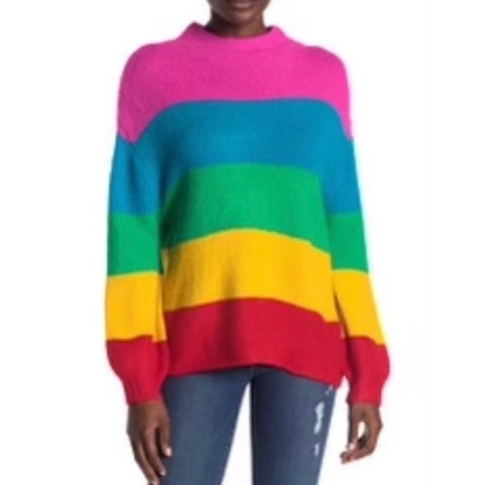 John + Jenn Color Block Rainbow Stripes Mockneck Sweater Size XS Dopamine